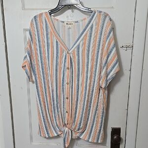 Blue Mood Women's Striped Button-Down Top Tie Waist Blue and Orange 2X